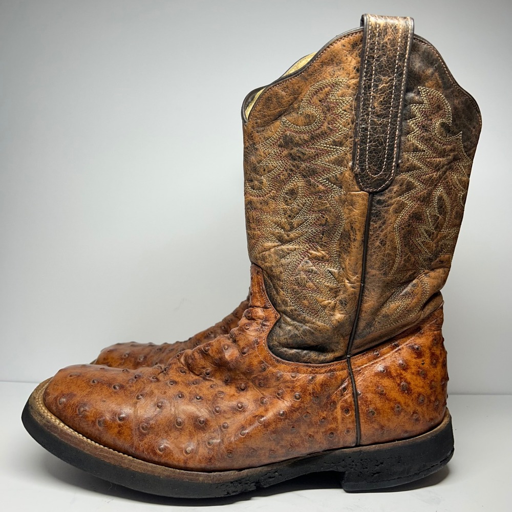 Ostrich Leather Western Cowboy Boots Cognac Brown Mens Size 13 D Square Toe